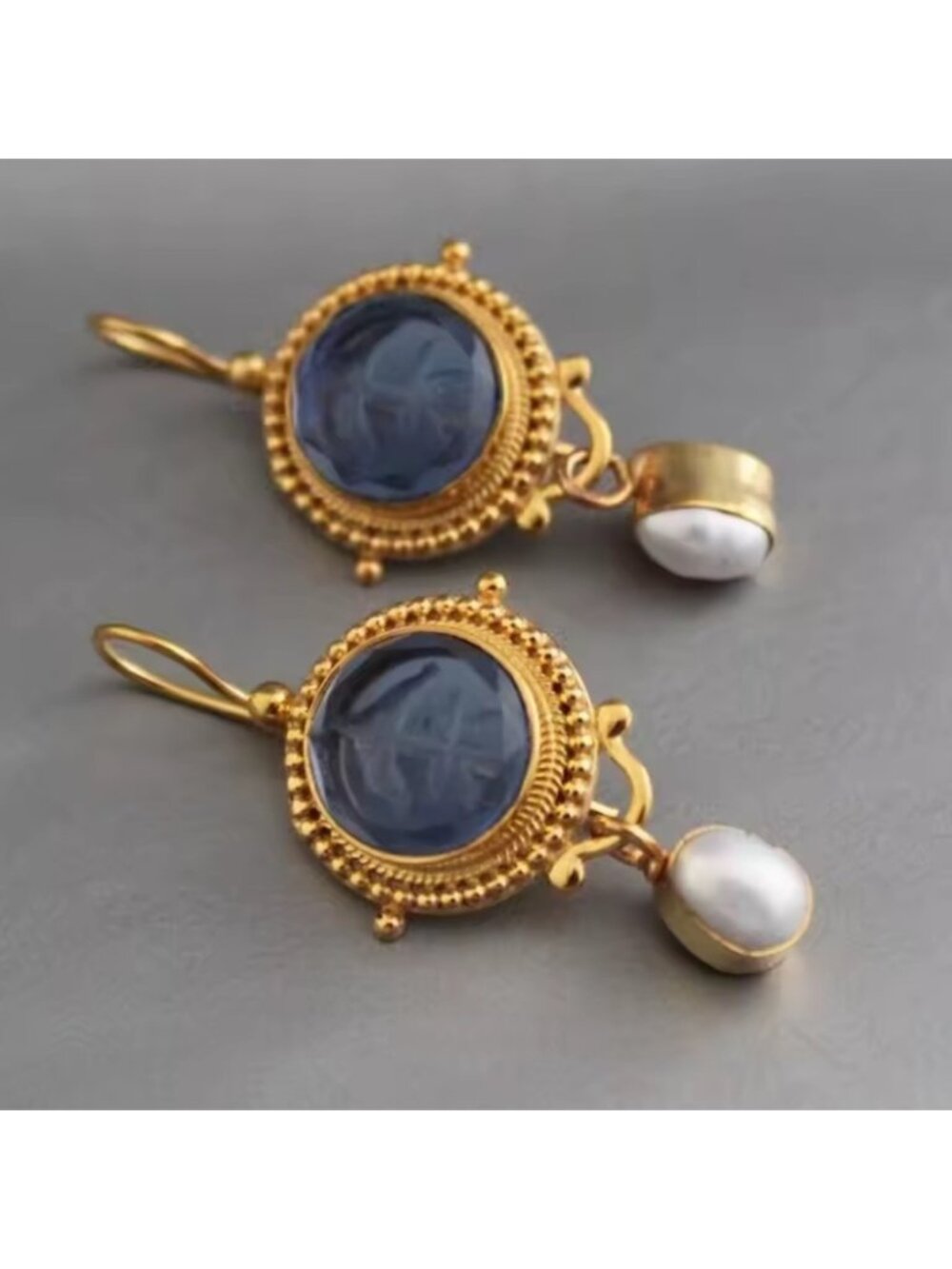 Vintage blue Cameo Earrings – Gold Drop Pearl Accent Jewelry
